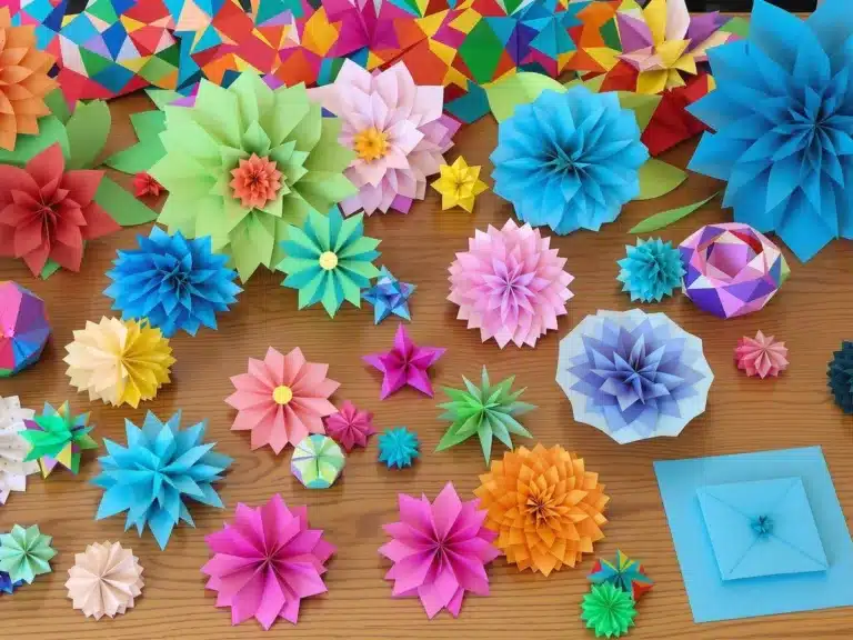 Colorful paper crafts on a wooden table, inviting creativity.