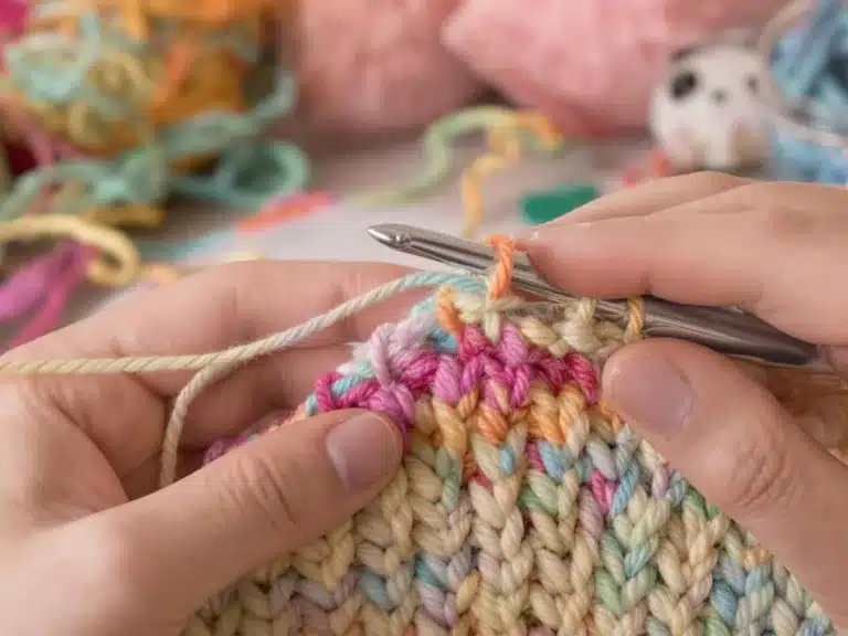 Hands crocheting vibrant treble stitches with colorful yarn.