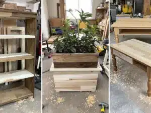 Woodworking projects displayed in a cozy workshop setting.