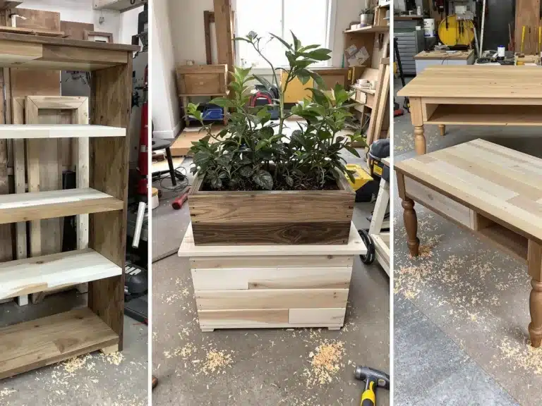 Woodworking projects displayed in a cozy workshop setting.