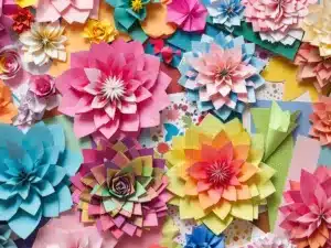 Colorful paper crafts including origami and layered flowers. Paper crafts for adults