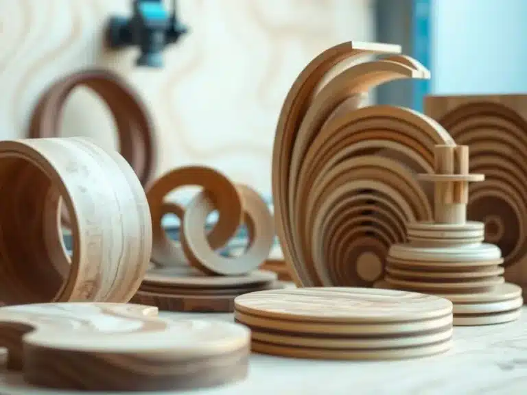 CNC-machined wooden projects with intricate designs and textures.