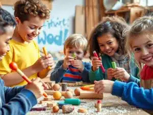 Kids happily working on fun woodworking projects outdoors.