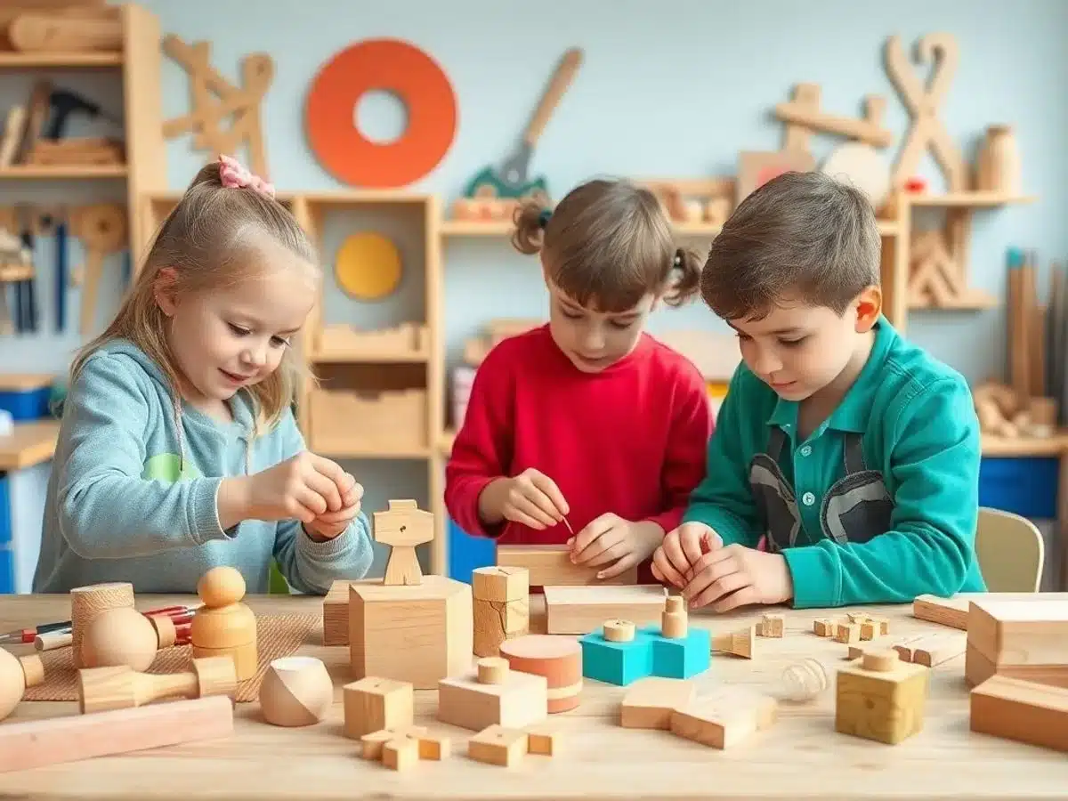 Kids creating fun wooden projects in a bright workshop.