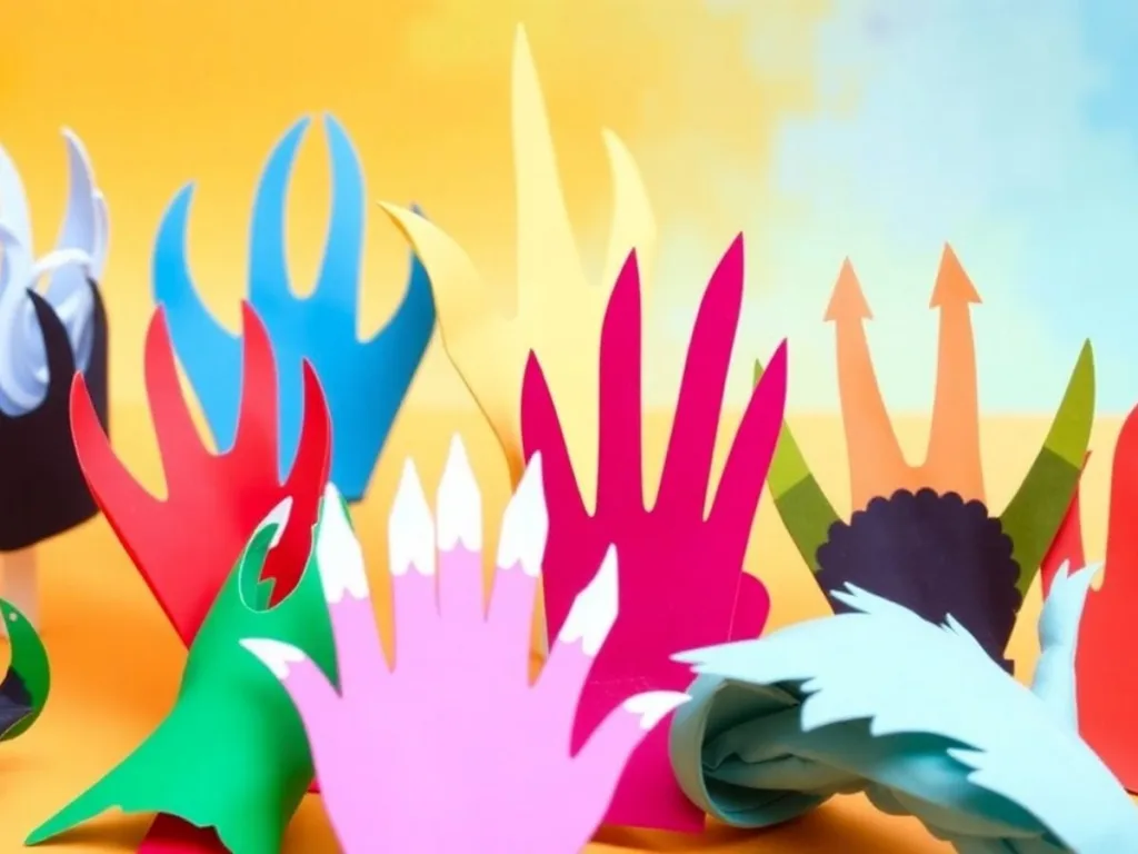 Colorful paper claws arranged on a bright background.