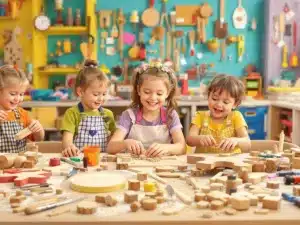 Children engaged in fun woodworking projects in a workshop.