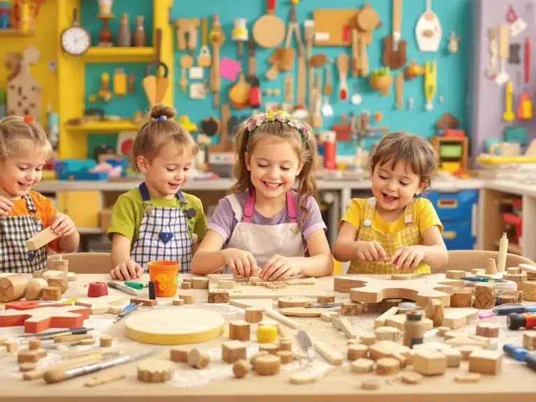 Children engaged in fun woodworking projects in a workshop.