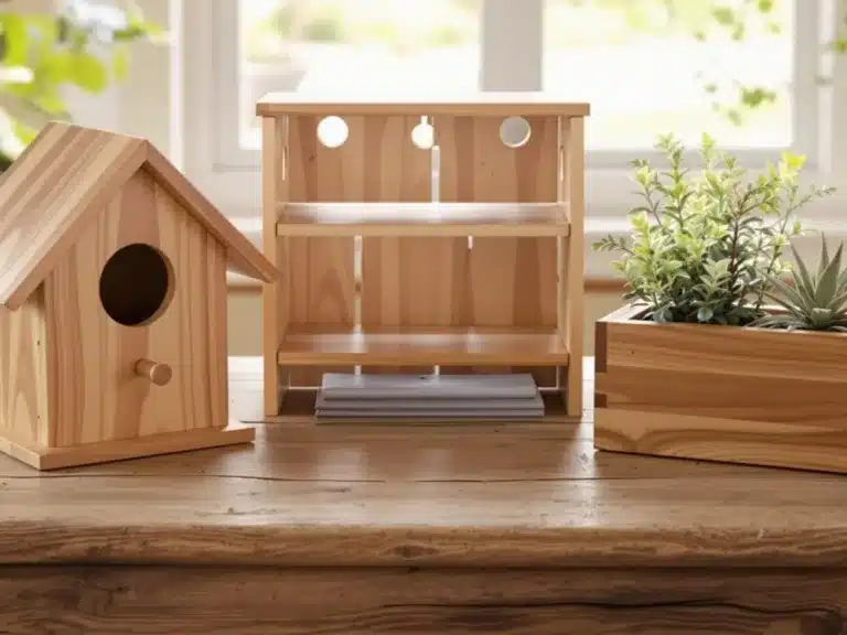 Woodworking projects including birdhouse, shelf, and planter.
