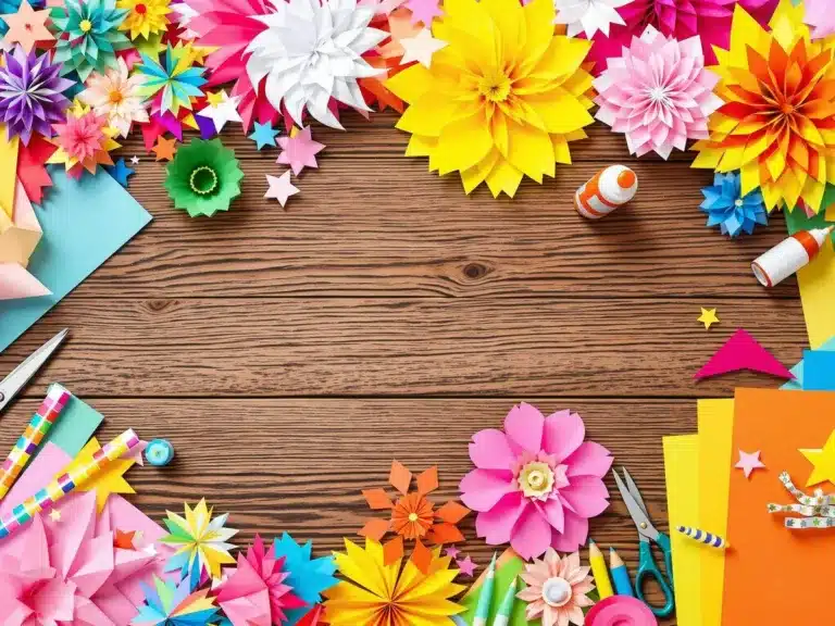 Colorful paper crafts displayed on a wooden table.