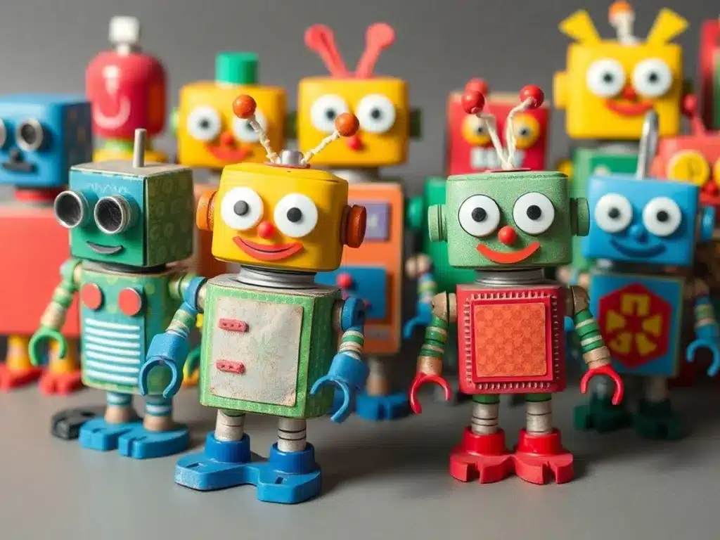 Colorful recycled robots made from various materials.