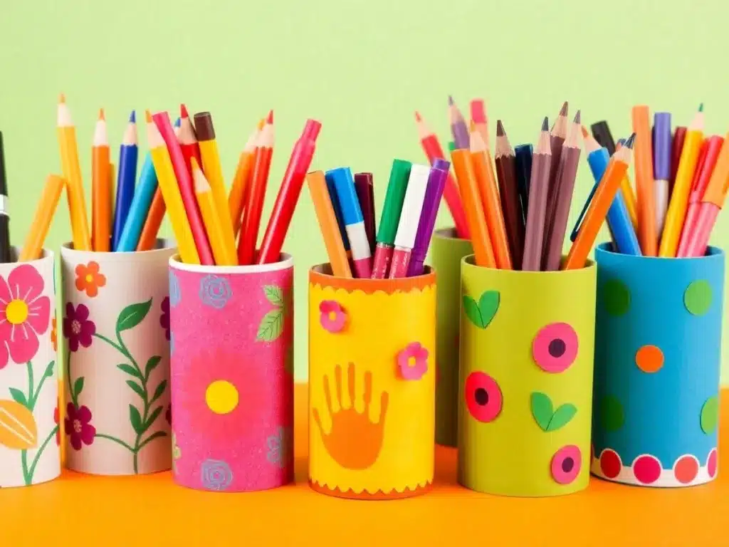 Decorative pencil holders made from toilet paper rolls.