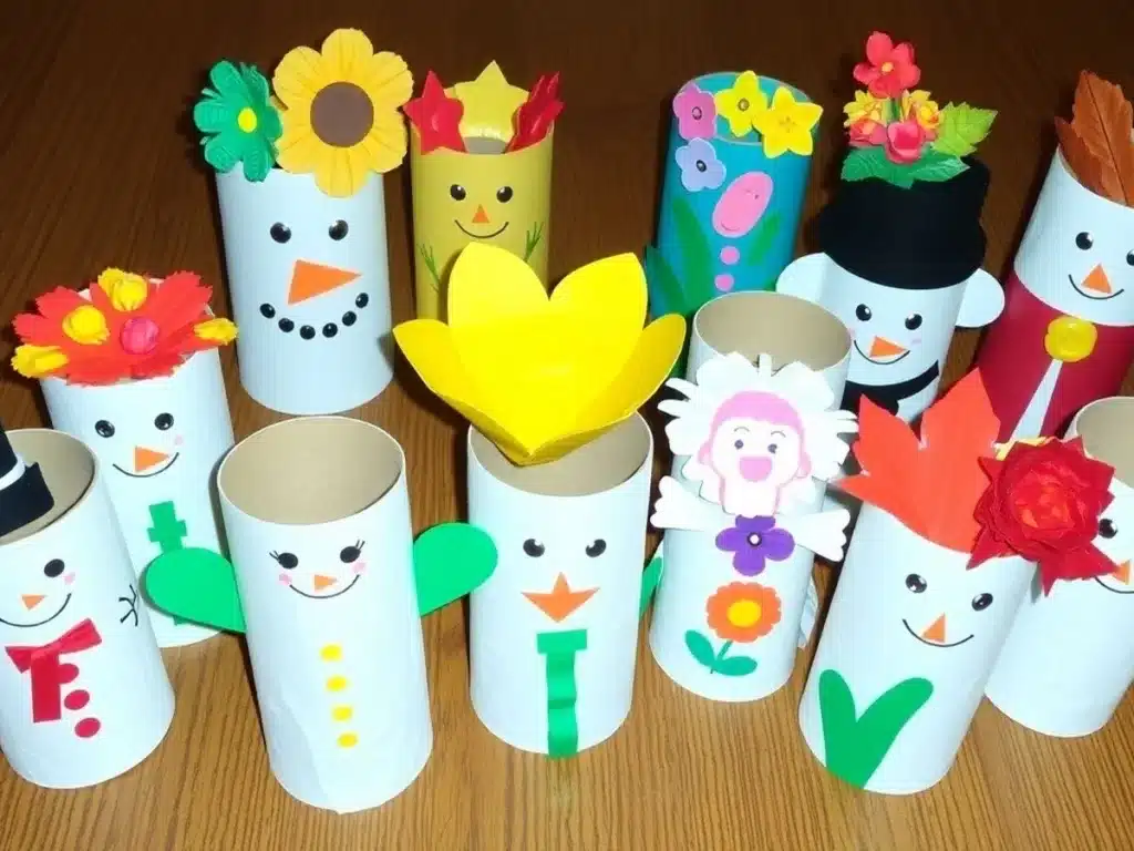 Colorful toilet paper roll crafts for seasonal decor.