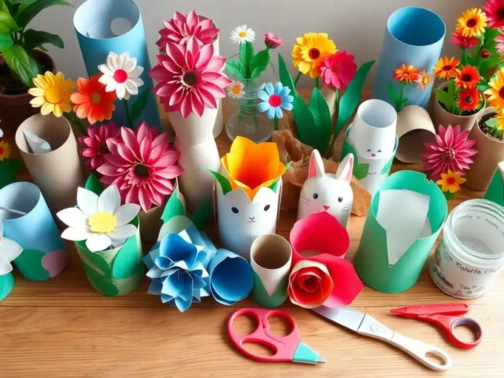 Colorful crafts made from toilet paper rolls on a table.