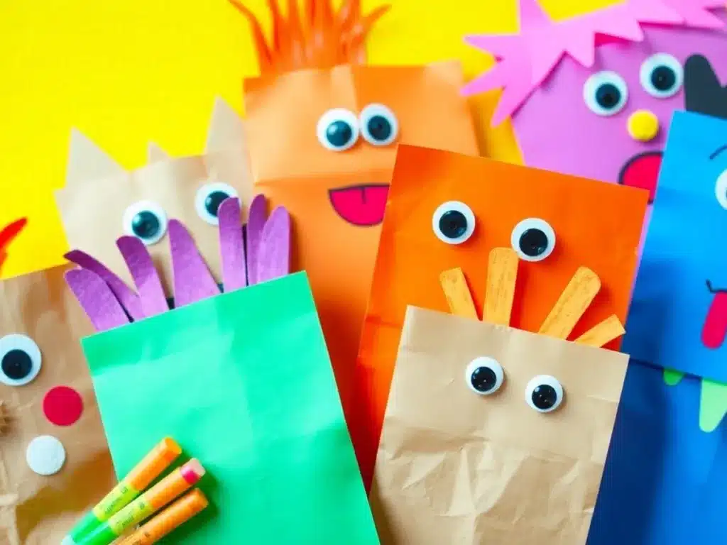 Colorful paper bag puppets with expressive faces on display.