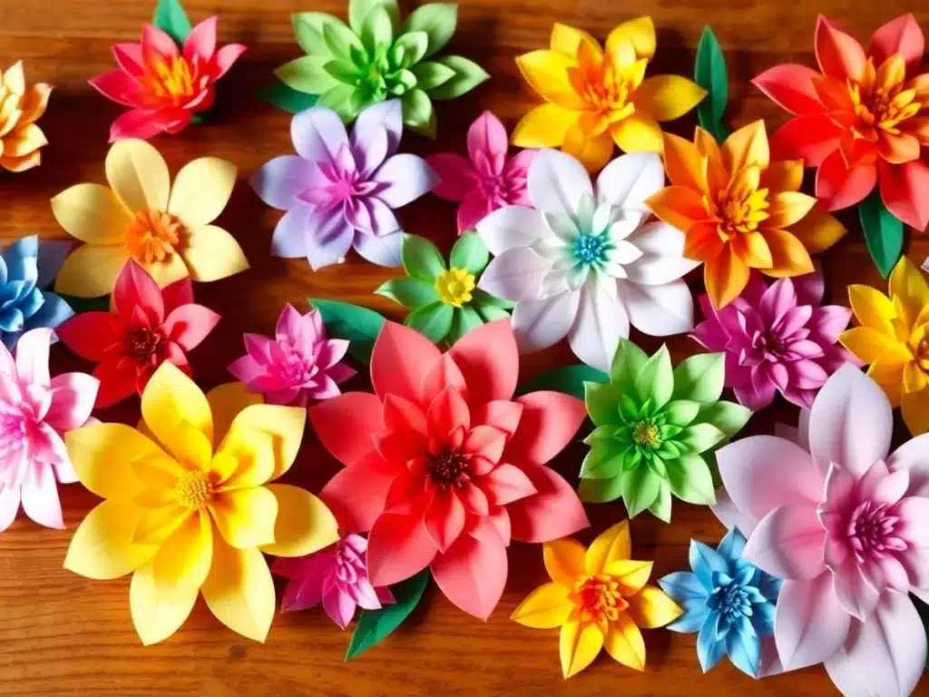 Colorful paper flowers in various shapes and sizes. Crafts with Paper