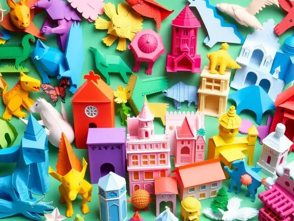 Colorful 3D paper models of animals and buildings.