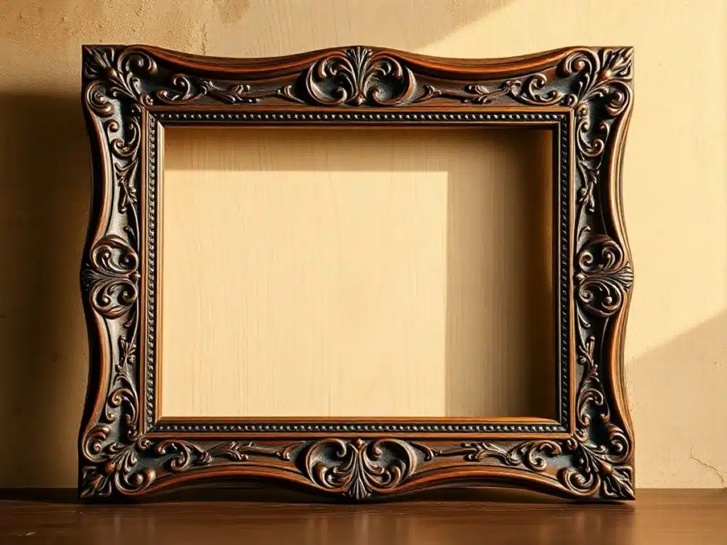 Custom wooden picture frame on a rustic surface.