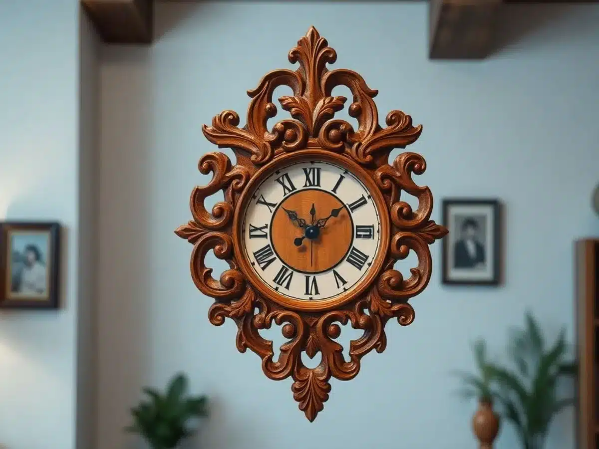 Wooden decorative wall clock with intricate carvings.