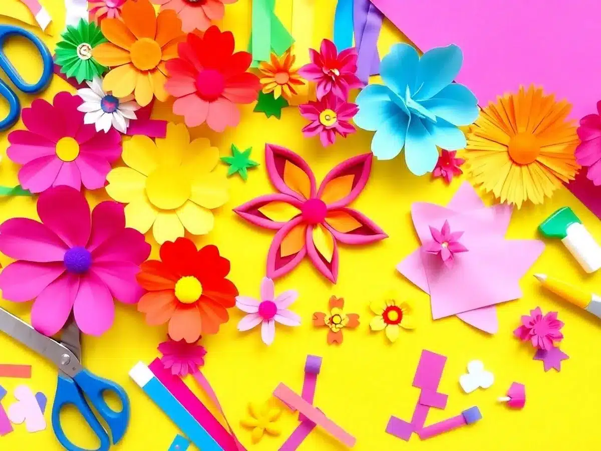 Colorful paper crafts displayed on a bright surface.
