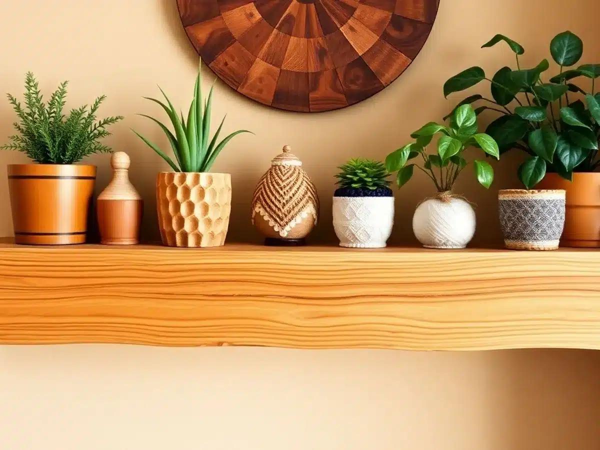 Decorative wooden shelf with plants and trinkets. simple woodworking projects