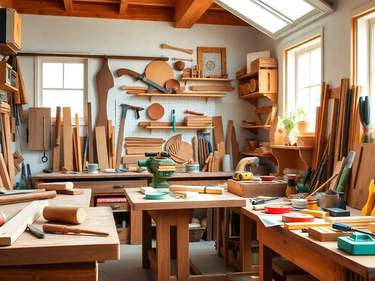 Woodworking tools and materials on a bright workbench. Beginner Woodworking Projects