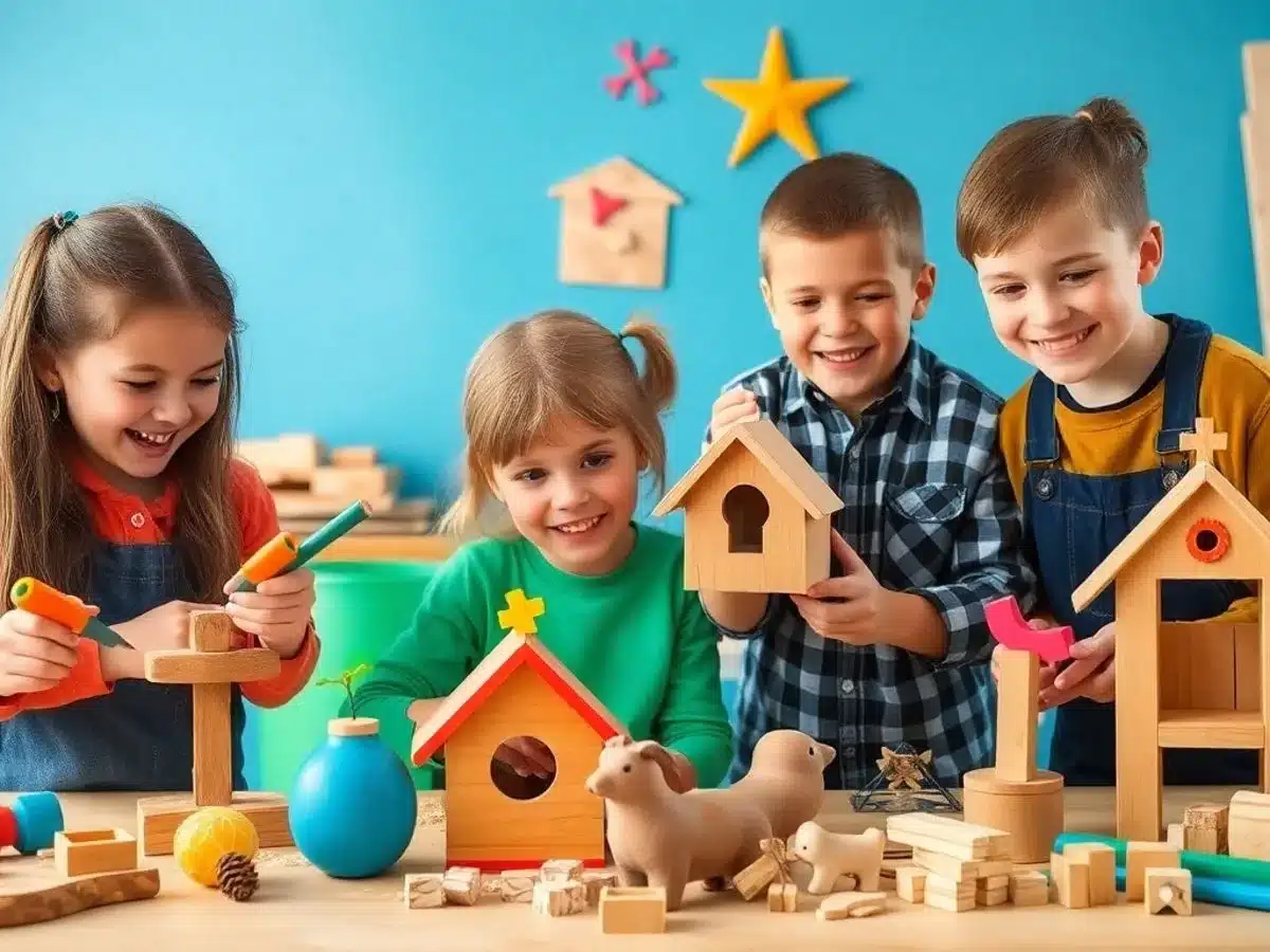 Kids happily working on fun woodworking projects together.