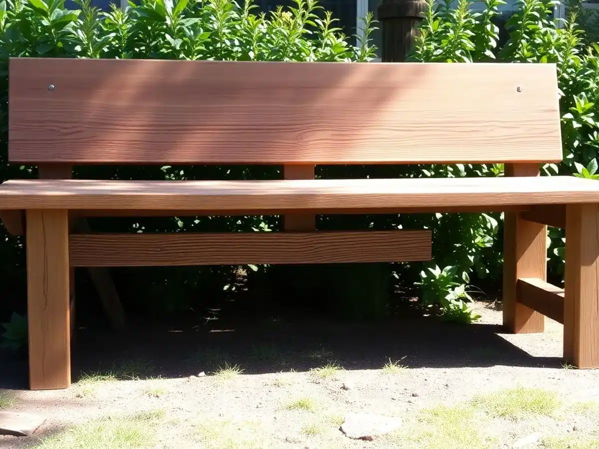 A simple two-board wooden bench in a garden.