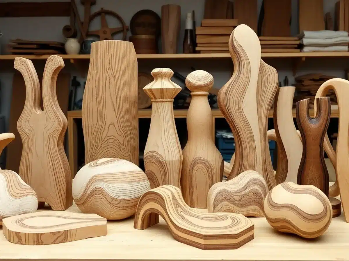 CNC woodworking projects with wood and mixed materials.