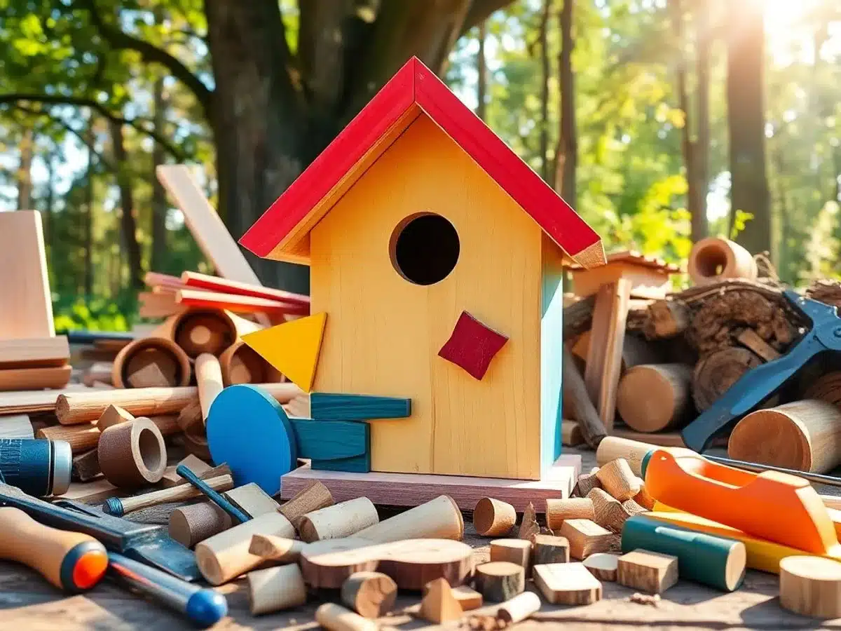 Colorful birdhouse with tools and wood scraps nearby.