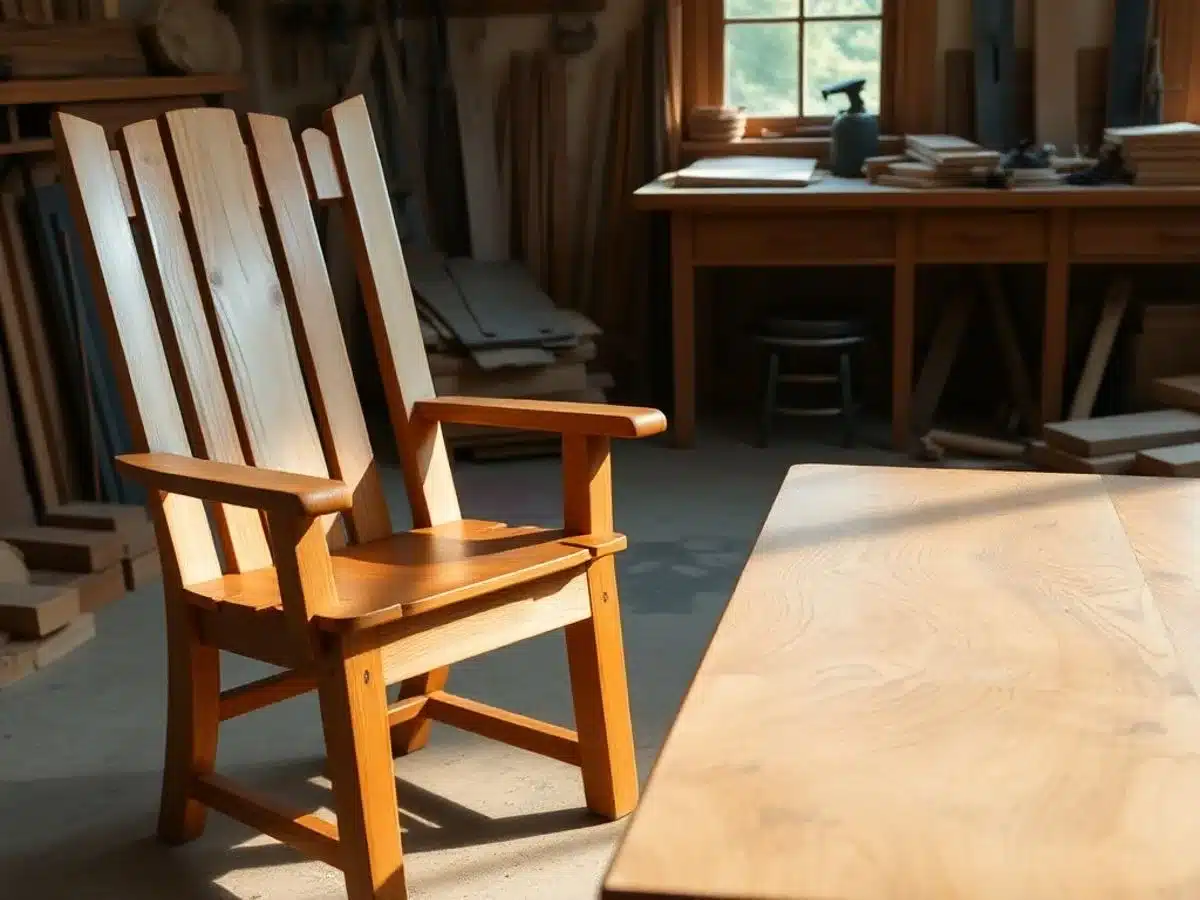 Wooden furniture set in a bright, artistic workshop.
