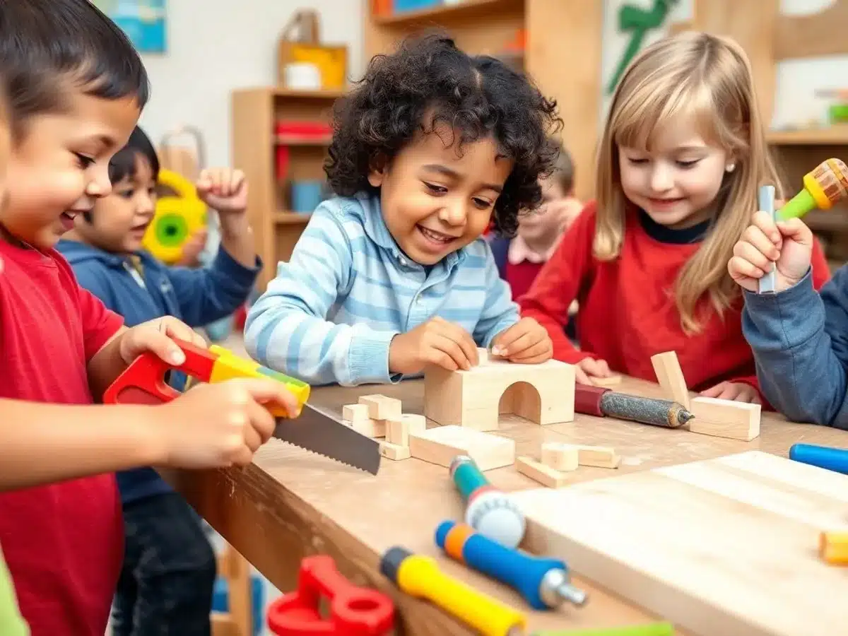 Kids happily working on fun woodworking projects together. Easy Woodworking Projects for Kids