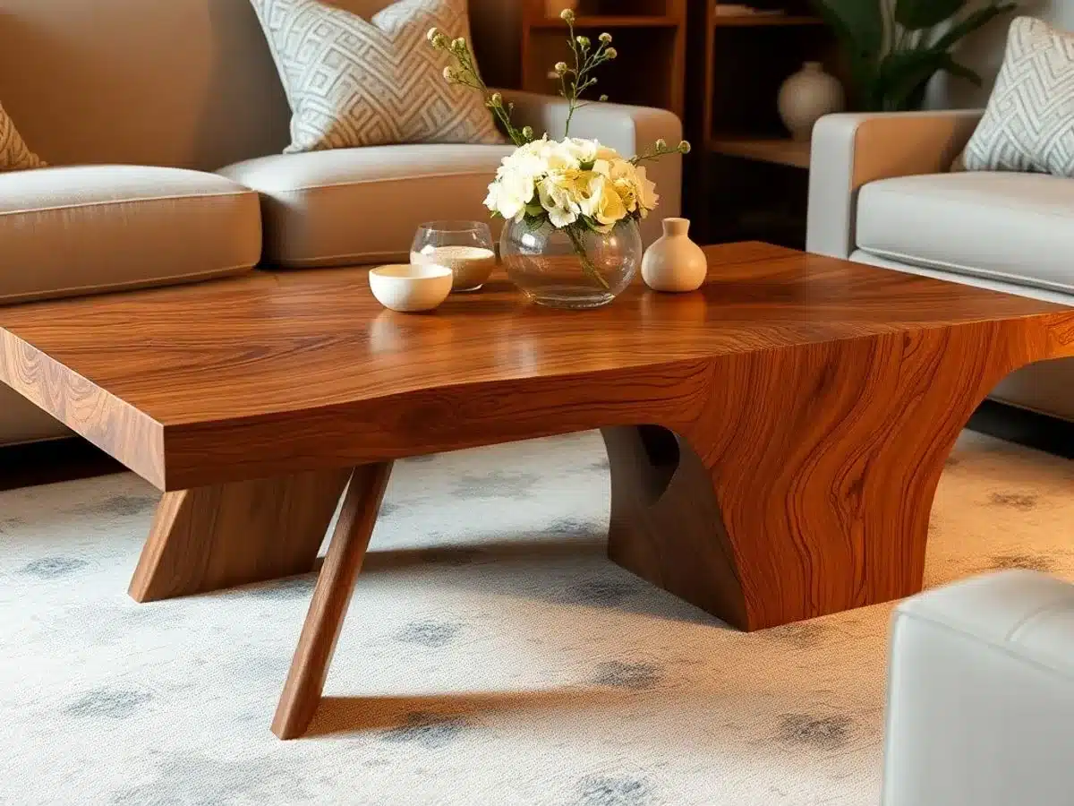 Wooden coffee table in a stylish living room setting.