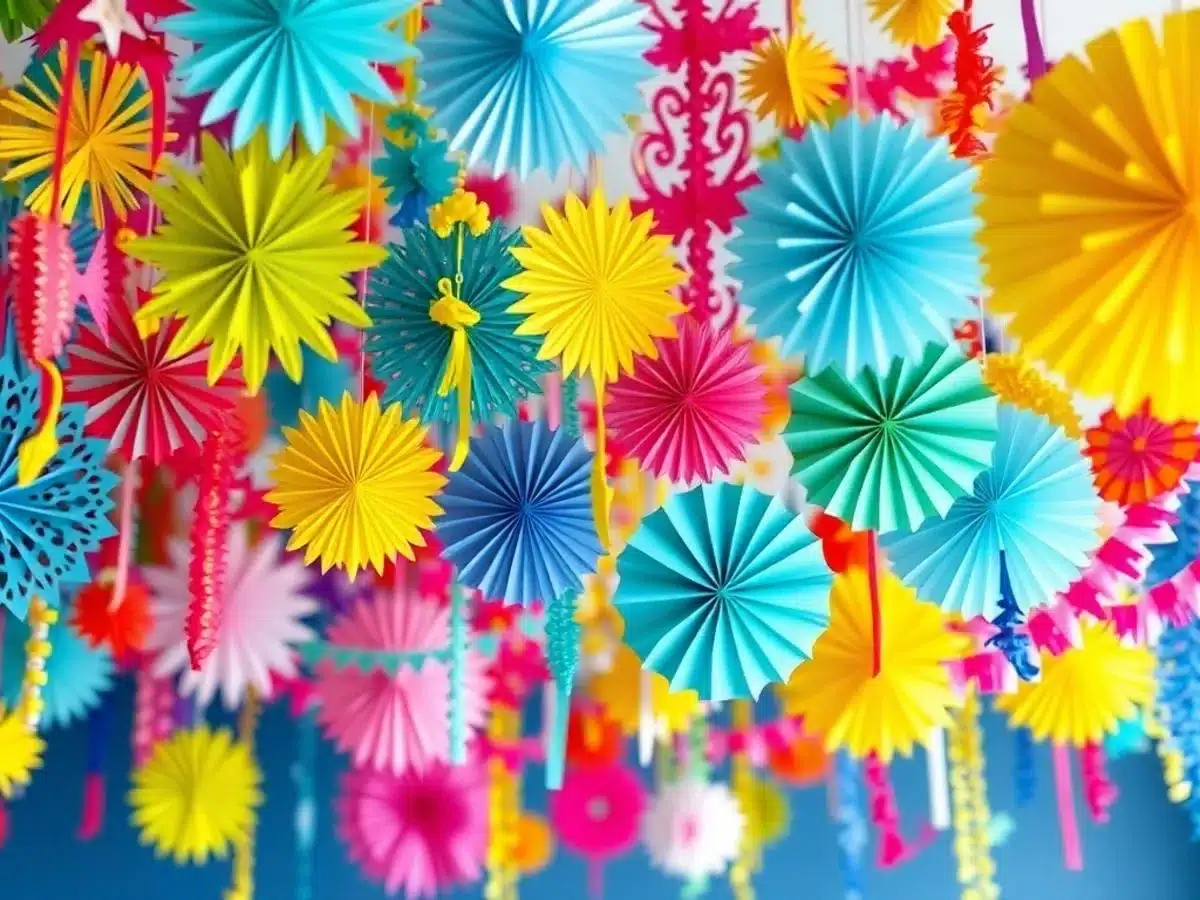 Colorful decorative paper garlands in various shapes and designs.