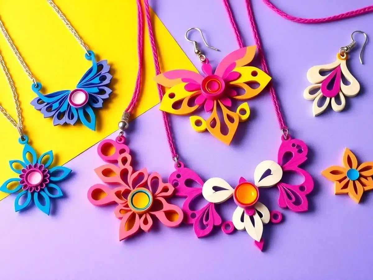 Colorful DIY paper jewelry on a bright background. Paper Mothers Day Crafts