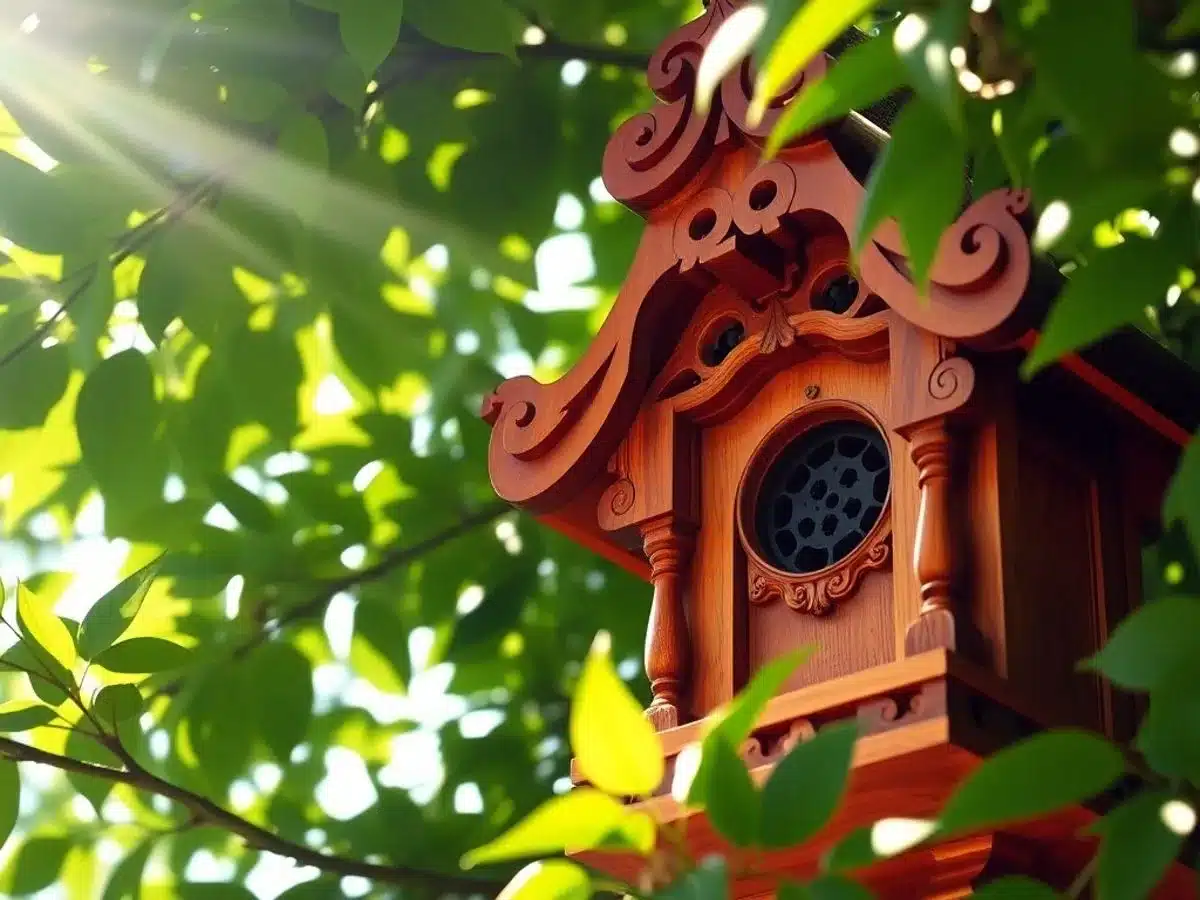 Colorful wooden birdhouse surrounded by lush green foliage. Amazing Woodworking Projects