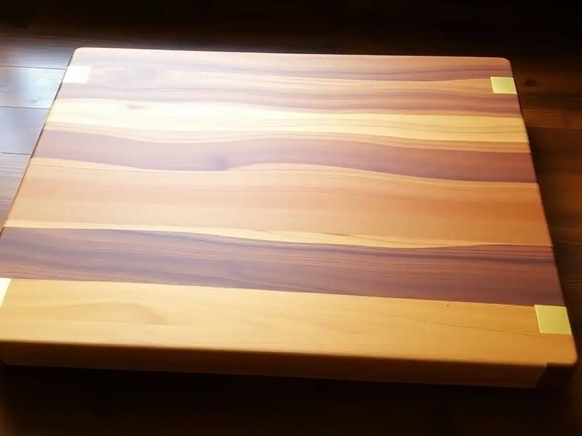 A wooden cutting board with brass inlay design.