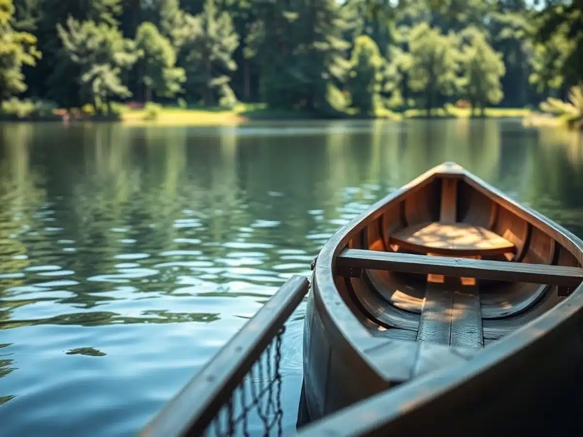 Handmade wooden canoe on a peaceful lake surrounded by trees.
