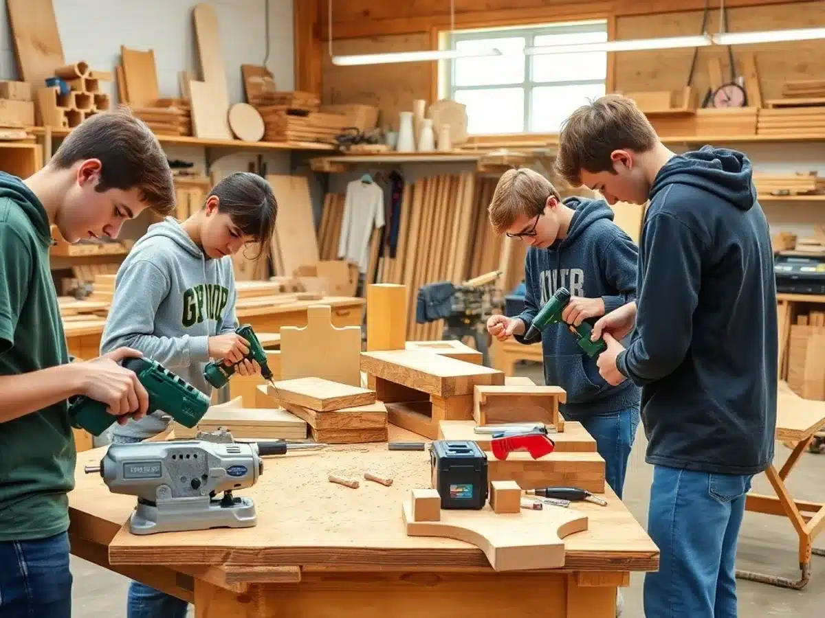 Teens working on woodworking projects in a bright workshop.