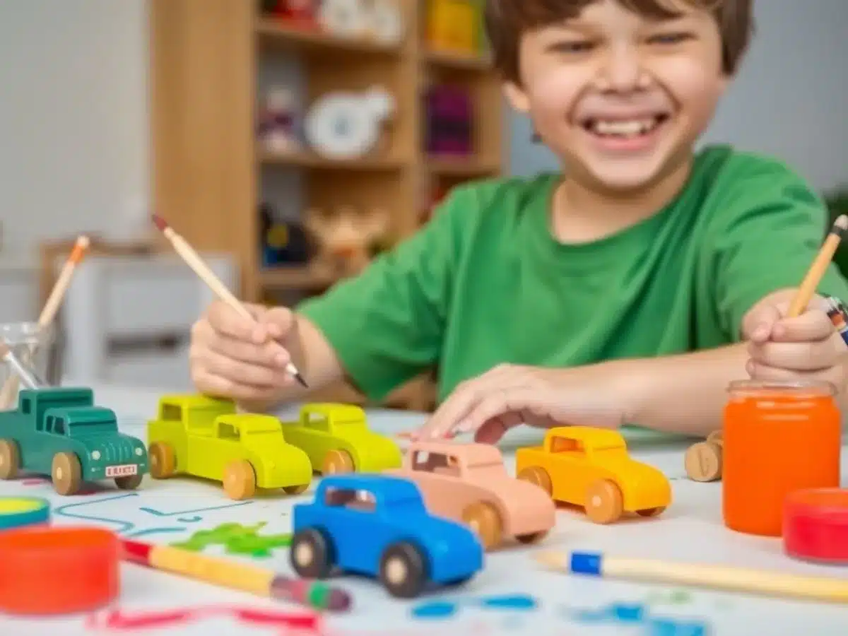 Child painting colorful wooden toy cars on a table.