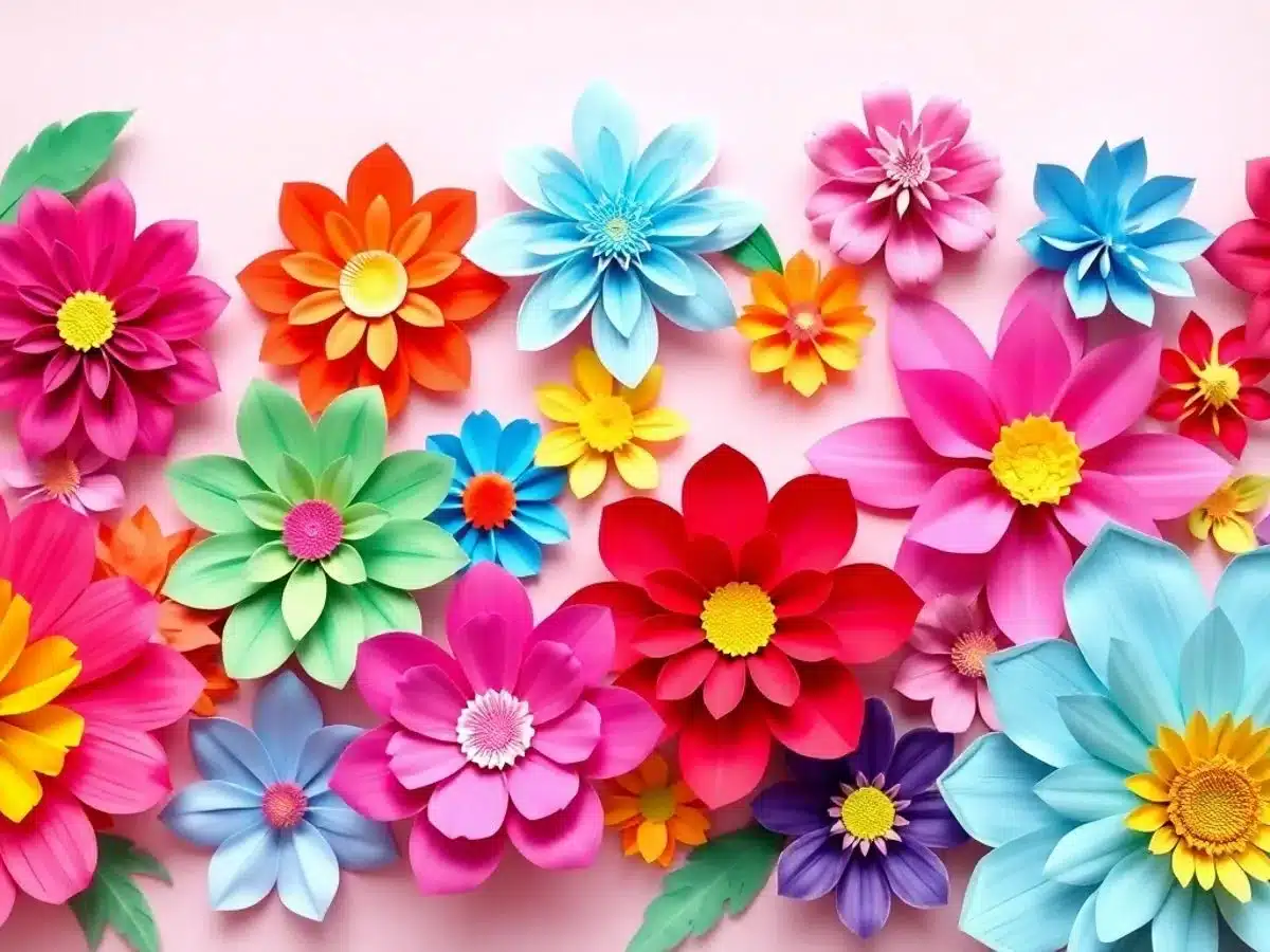 Colorful paper flowers in various shapes on a pastel background.