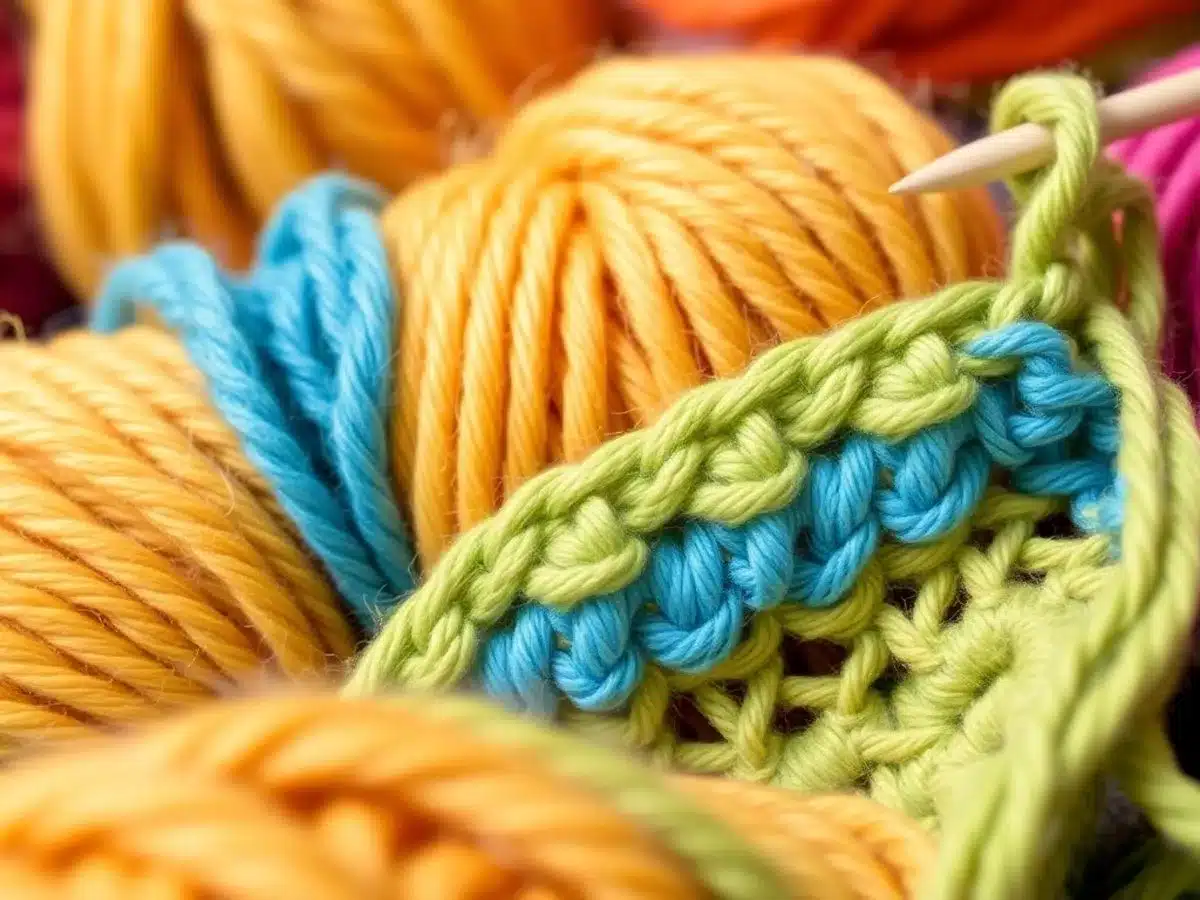 Colorful yarn and moss stitch crochet piece in focus.