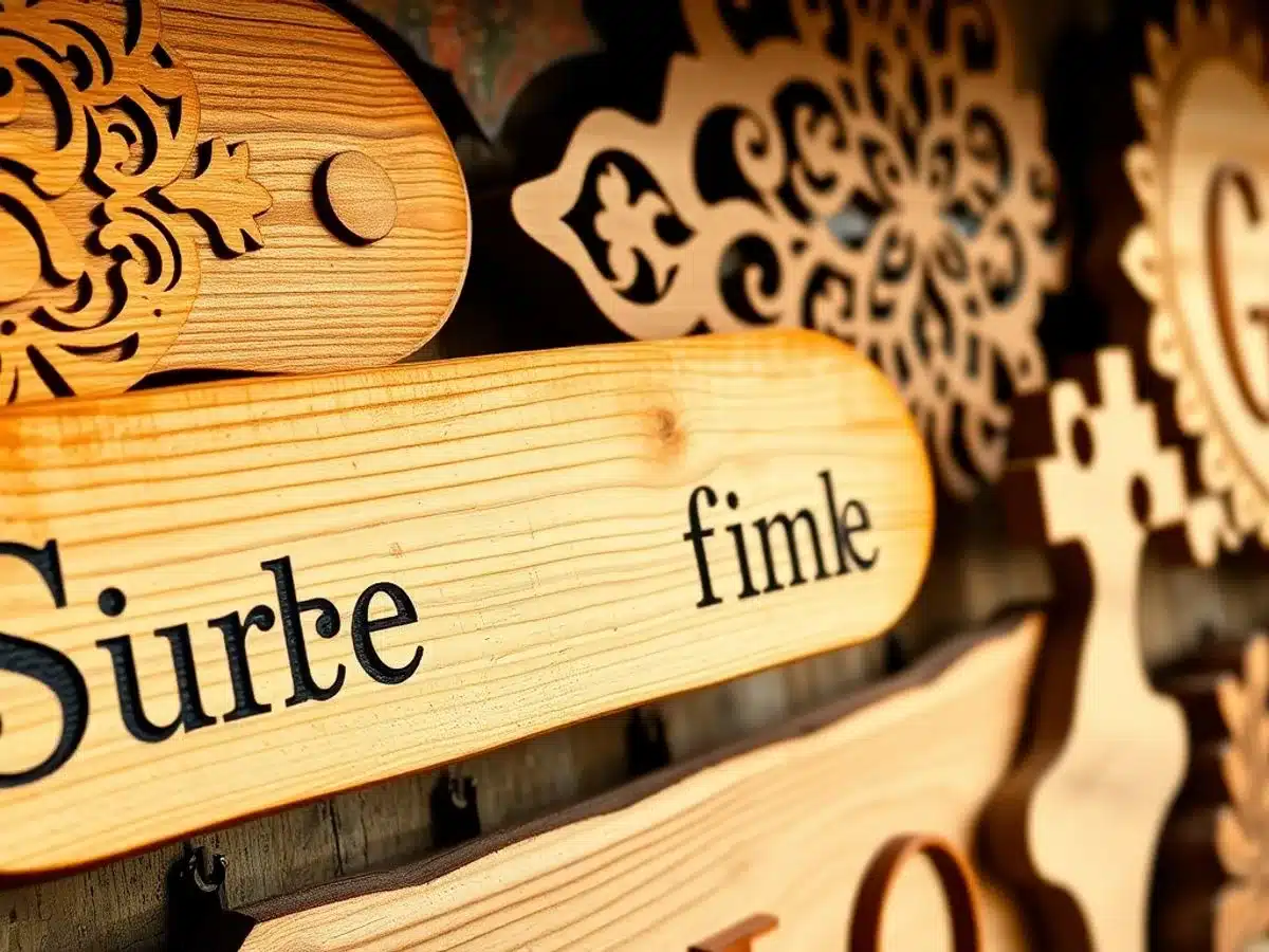 Close-up of intricately designed wooden signs. Woodworking Projects That Sell