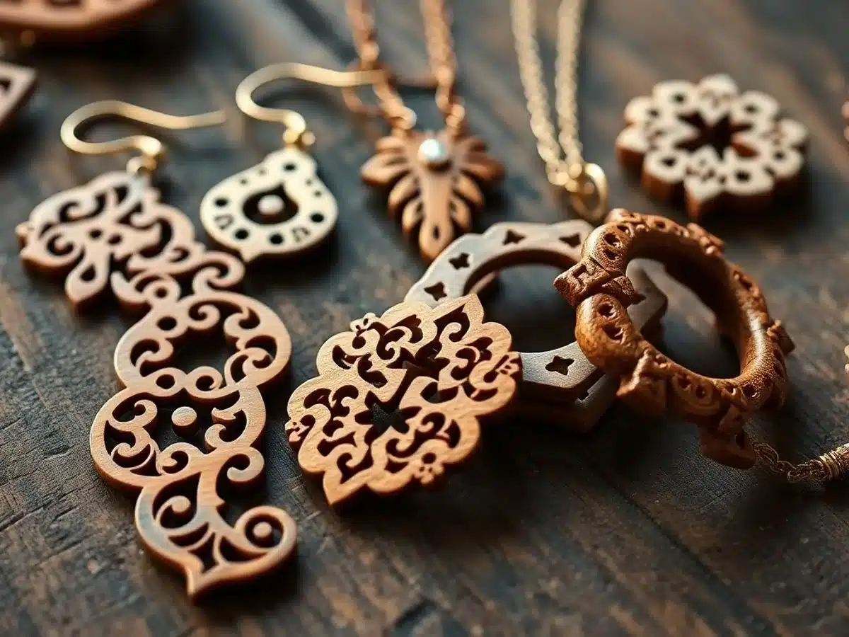 Close-up of handcrafted wooden jewelry pieces on wood.