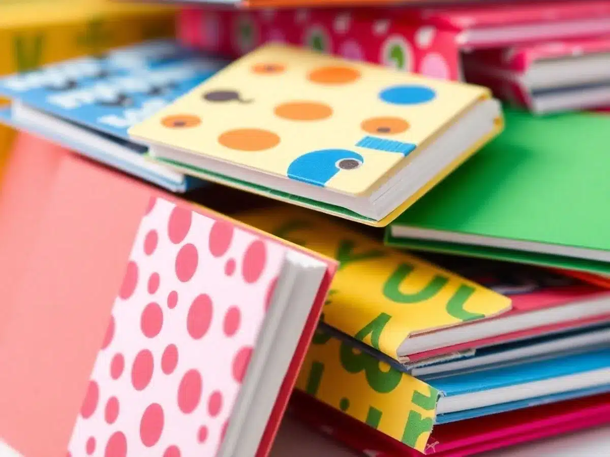 Colorful mini notebooks in a creative stacked arrangement.