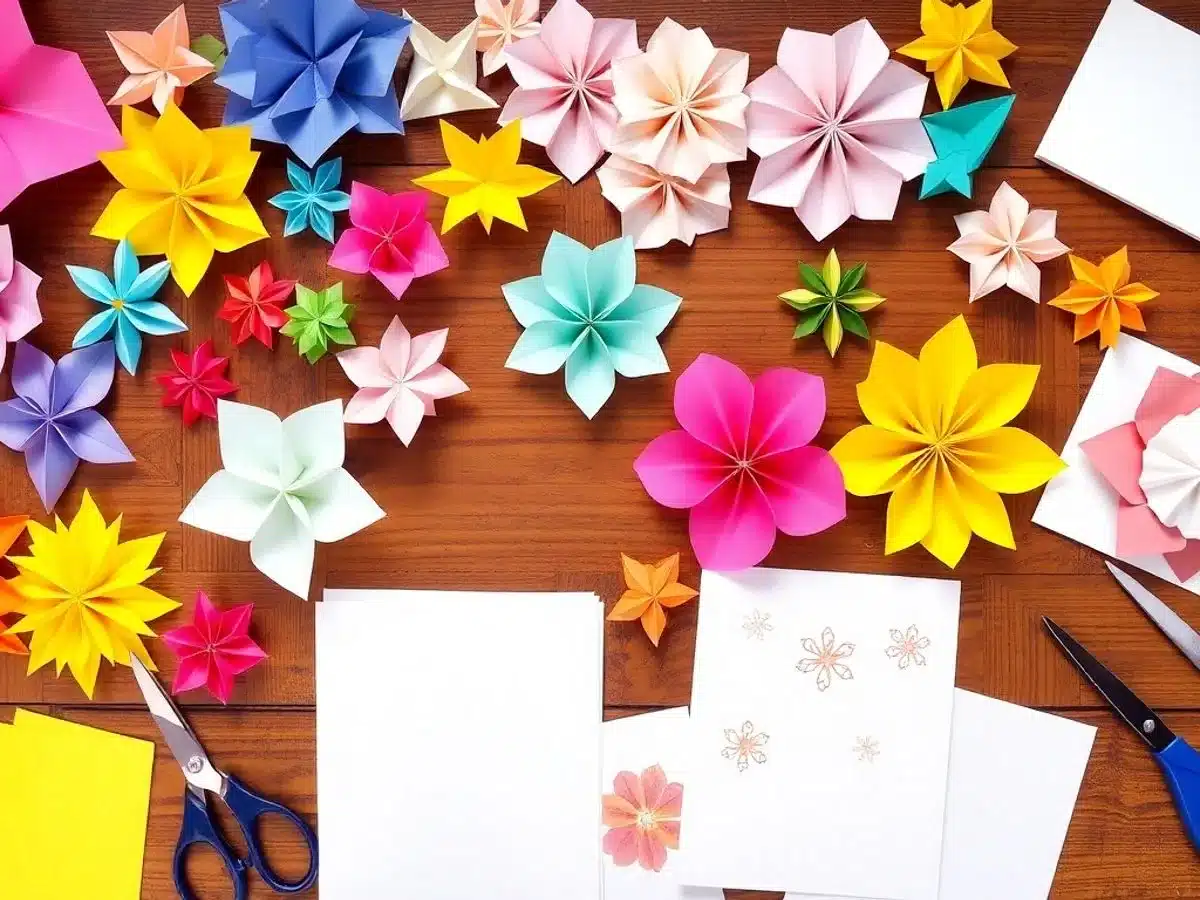 Colorful paper crafts and tools on a wooden table. Paper crafts for adults