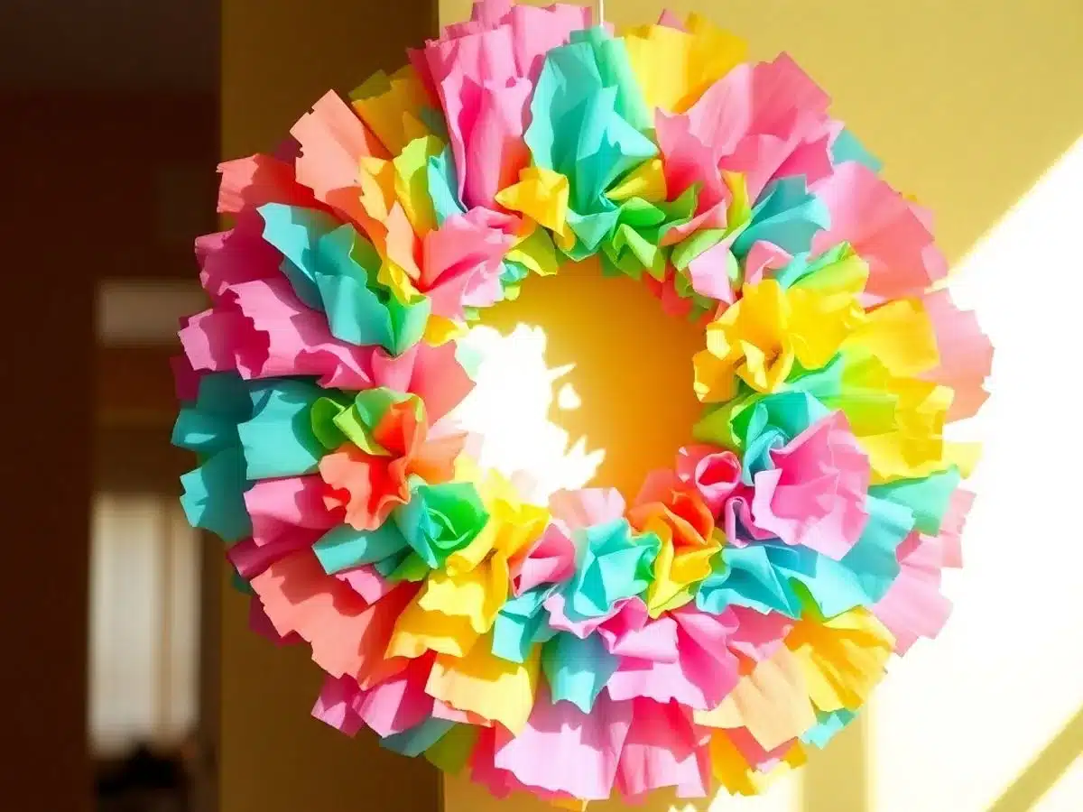 Colorful tissue paper wreath hanging on a bright wall.