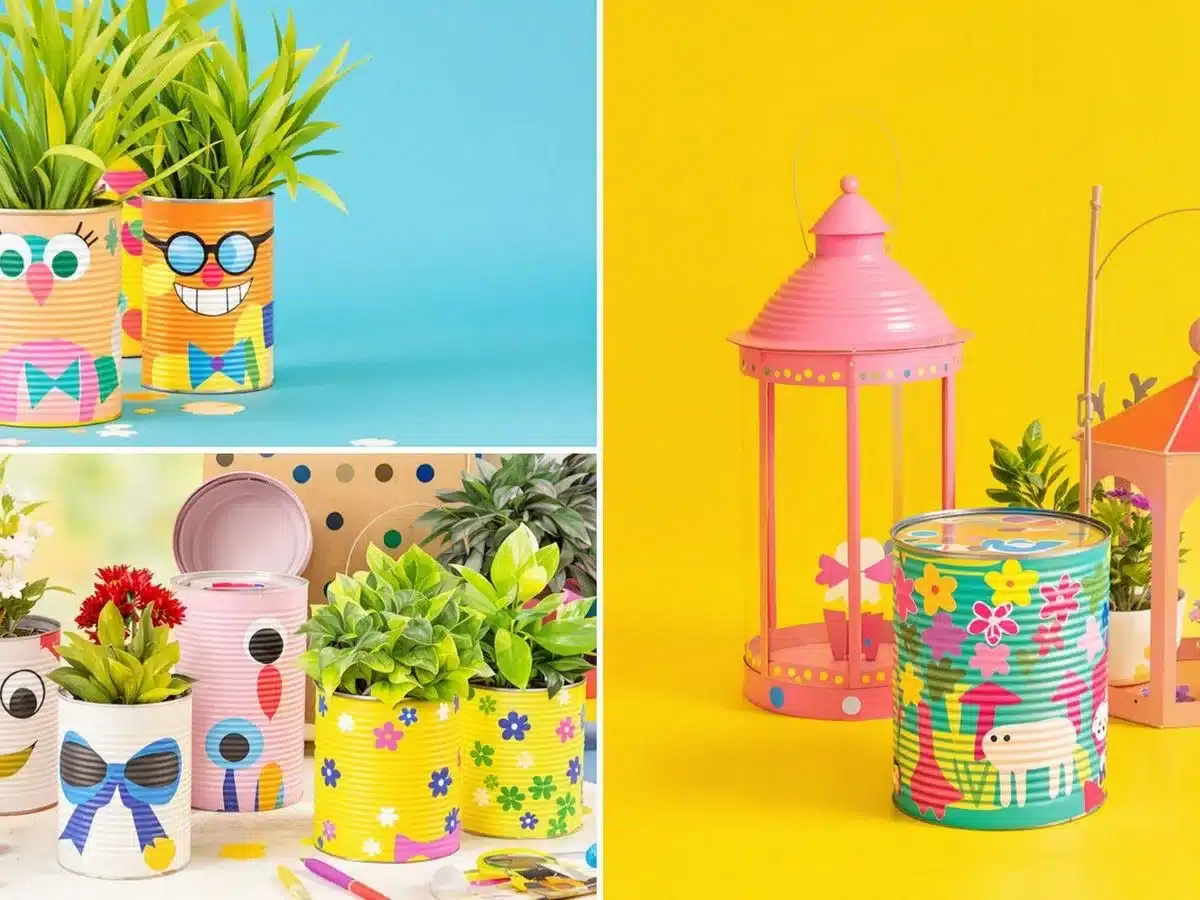 Colorful tin can DIY projects for home decor.