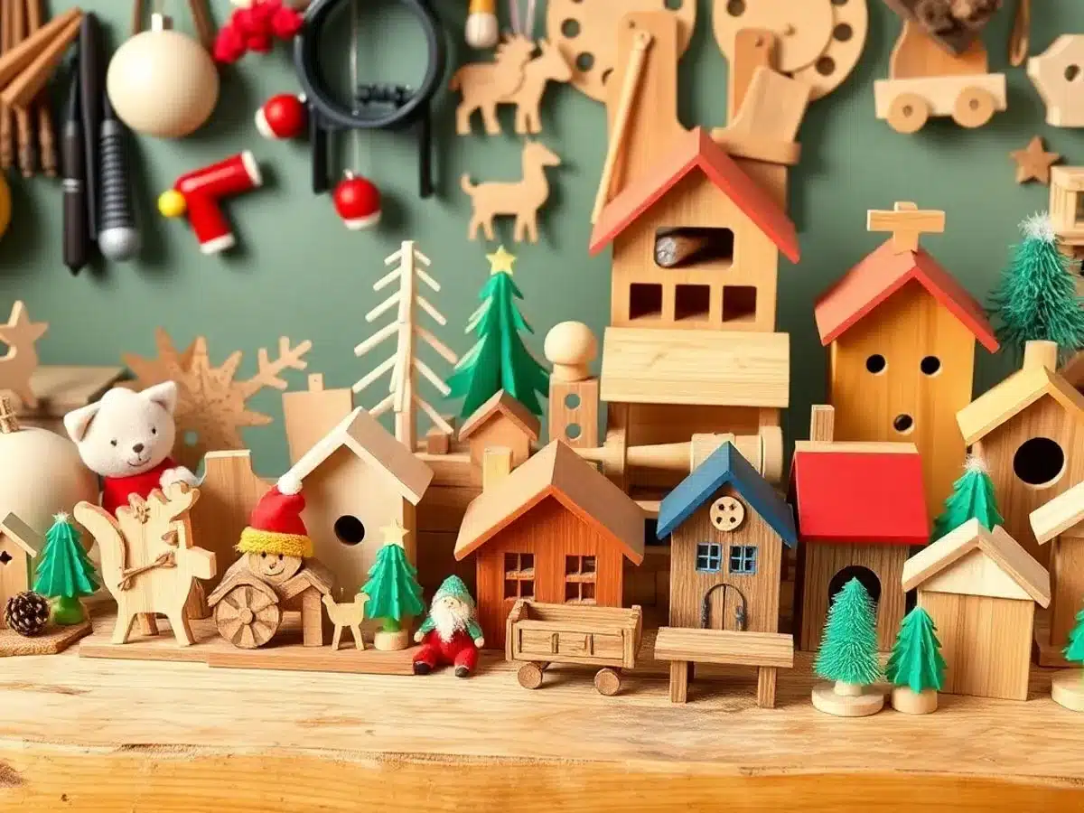 Colorful wooden projects for beginners on a workbench.