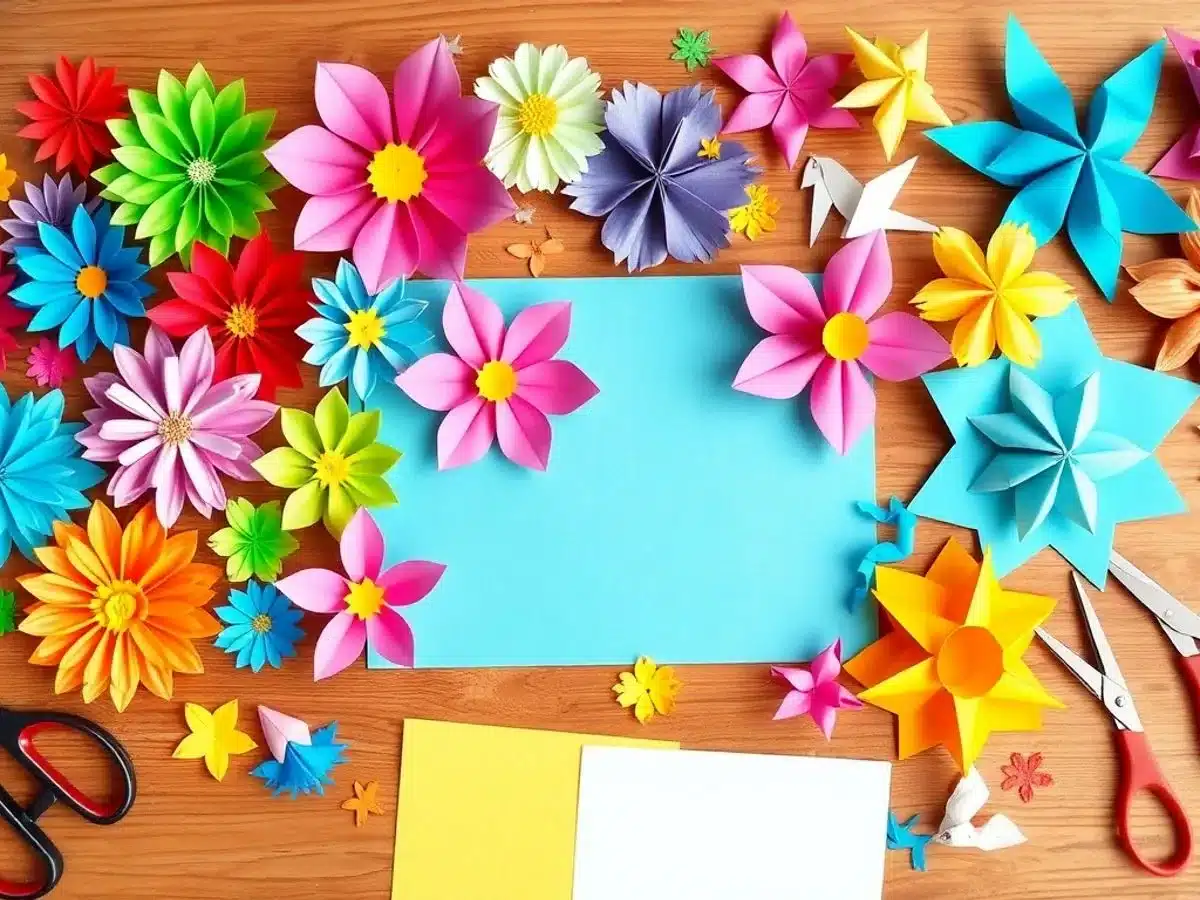 Colorful DIY paper crafts and supplies on a table.