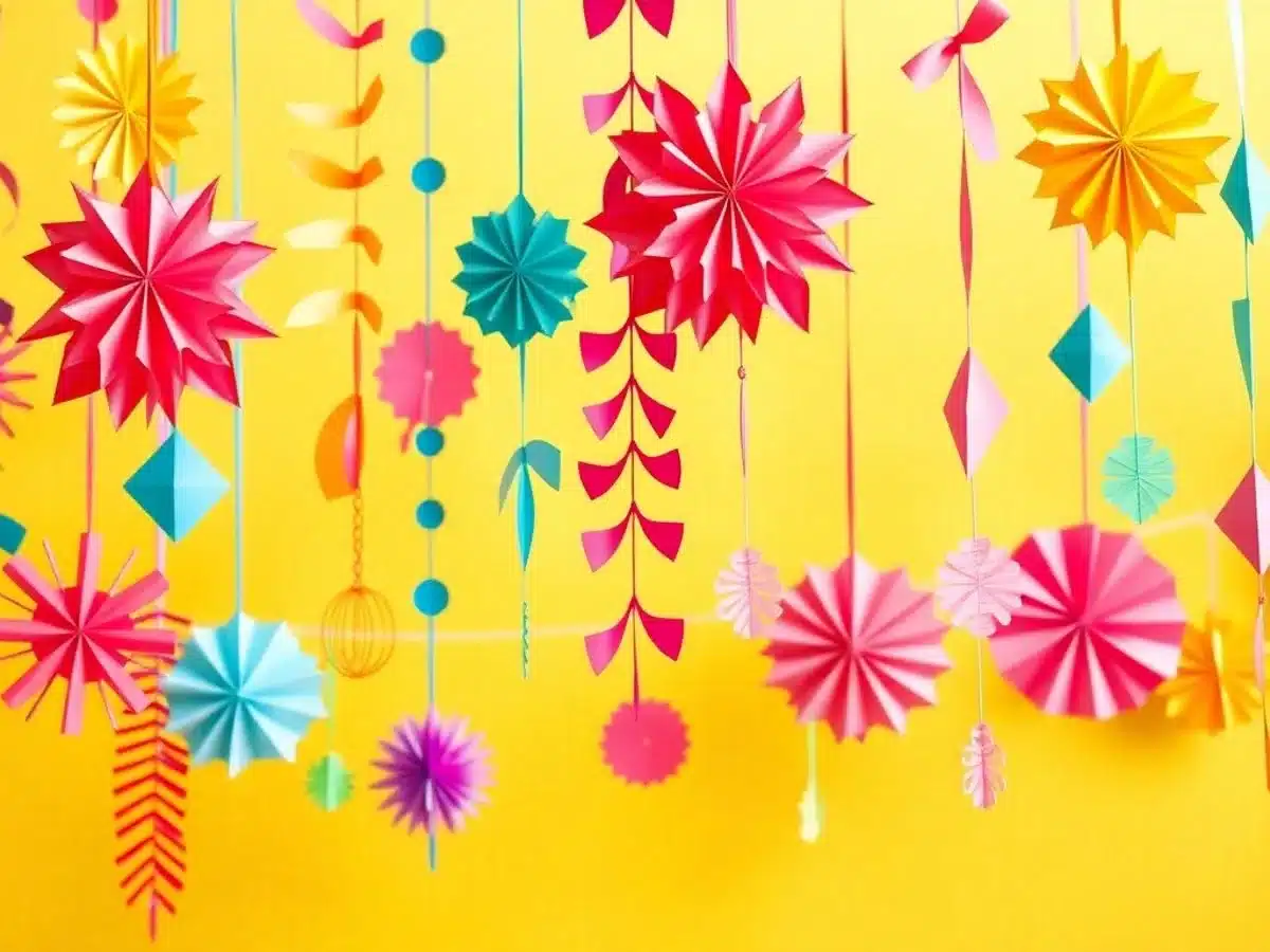 Colorful paper garlands in various shapes and patterns.